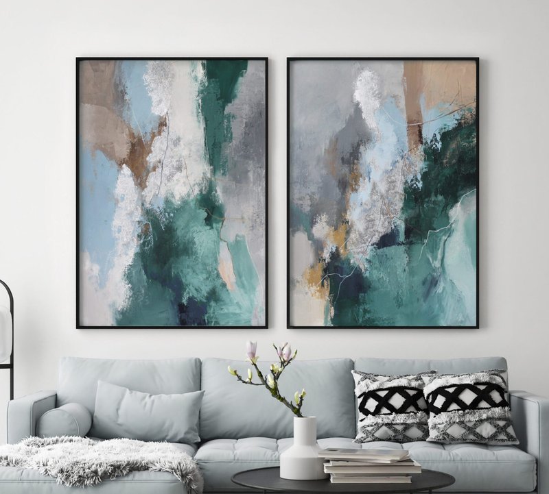 Painting Green abstract set of 2 | Green abstract painting | East West Coast set - 壁貼/牆壁裝飾 - 棉．麻 綠色