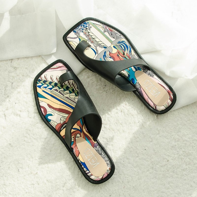 Cowhide Summer Painted Square Toe Flip Flops | Black | Korean Design - Sandals - Genuine Leather Black