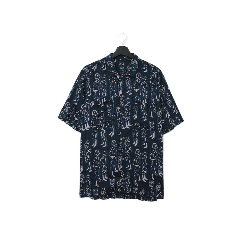 Back to Green- 短袖花襯衫 狗頭插畫滿版 ss-09 vintage shirt - 男襯衫/休閒襯衫 - 絲．絹 
