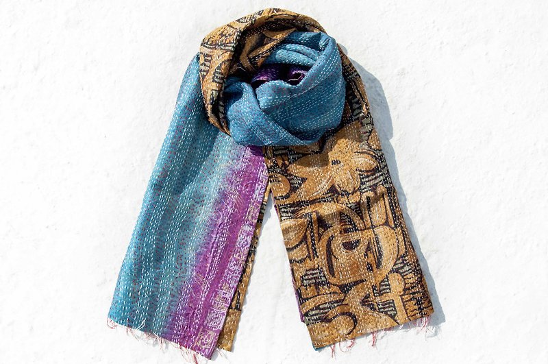 Hand-stitched sari silk scarf/silk embroidery scarf/Indian silk embroidery scarf - Gradient geometric totem - ผ้าพันคอ - ผ้าไหม หลากหลายสี