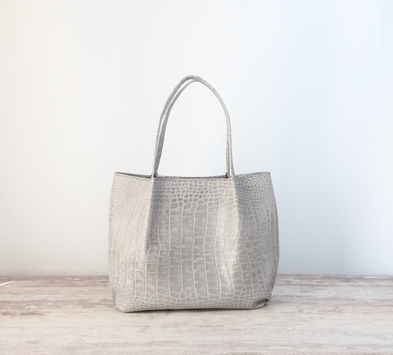 Fluffy tucked tote bag, M size, gray, made-to-order - Handbags & Totes - Genuine Leather Gray