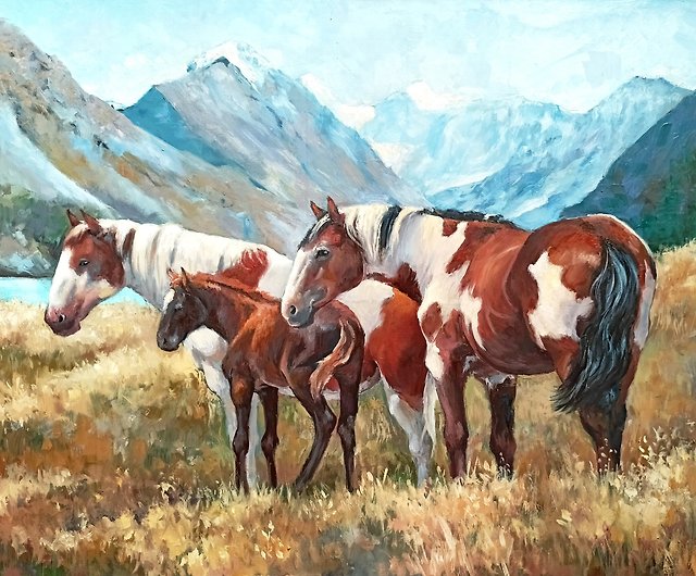 馬 動物 オリジナル油絵 山の風景 - ショップ Art by Irene ウォール