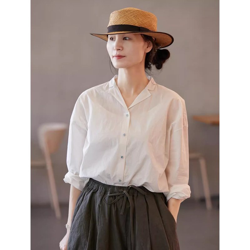 Pear White Cotton Delicate Lightweight Cuban Collar White Shirt - เสื้อเชิ้ตผู้หญิง - ผ้าฝ้าย/ผ้าลินิน 