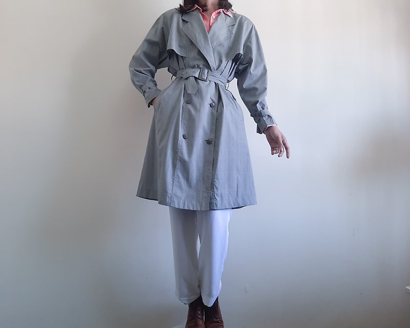 Vintage Trench coat COURREGES PARIS Tartan coat Summer coat outfit Plaid coat - เสื้อแจ็คเก็ต - เส้นใยสังเคราะห์ สีเทา