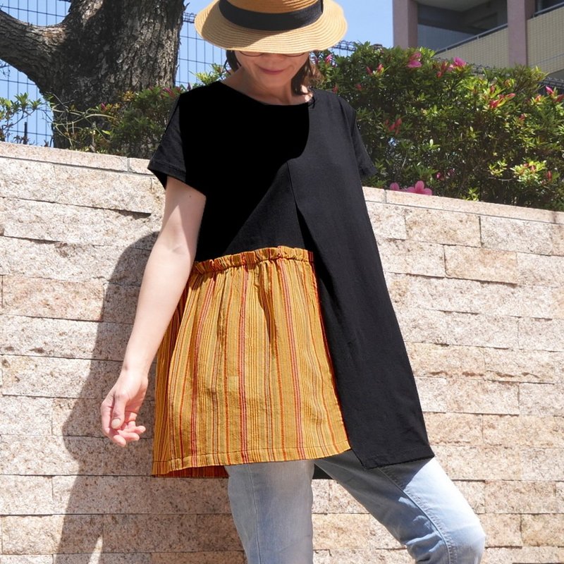 楊柳ストライプ×アシメギャザー・ゆったりAラインデザイン・カットソー・Tシャツ・チュニック・ブラック・d-tp520 - 女上衣/長袖上衣 - 棉．麻 黑色