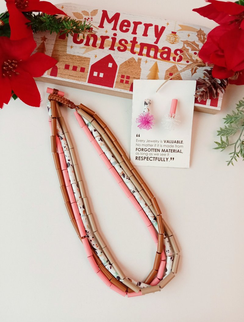 多層次短款項鍊_甜美粉果色紙串珠組合 防水霧設計 - 項鍊 - 紙 粉紅色