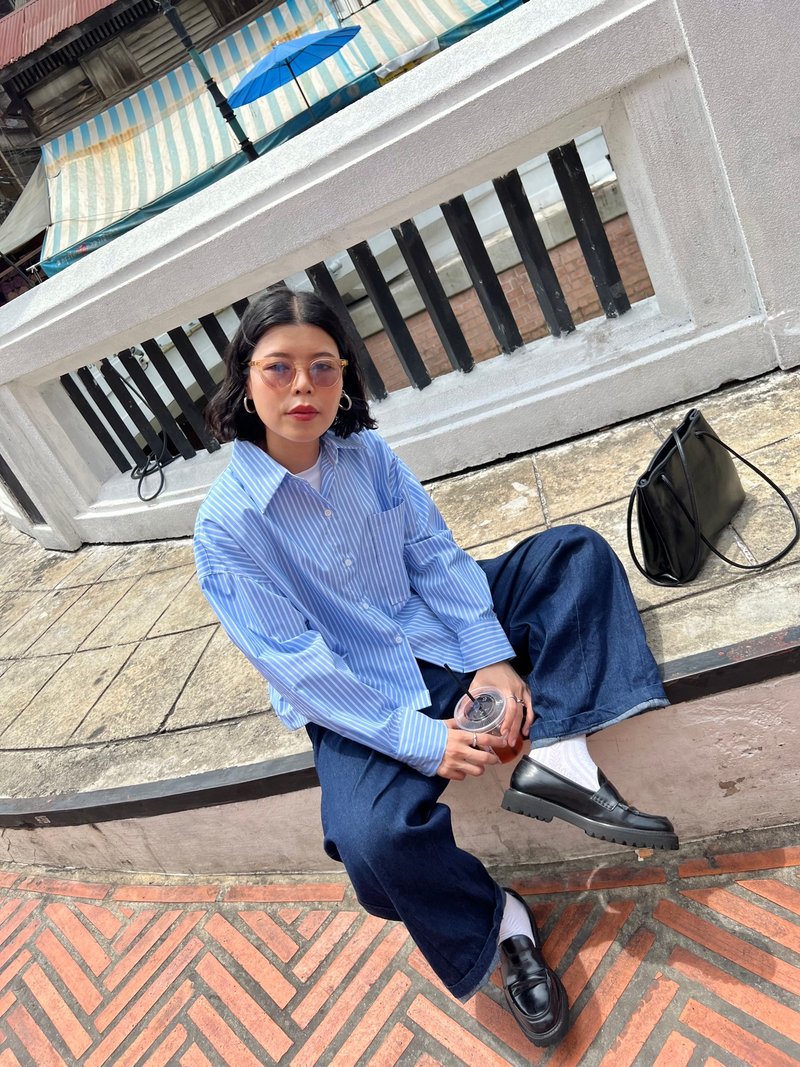 Cropped stripe shirt - 女襯衫 - 其他材質 