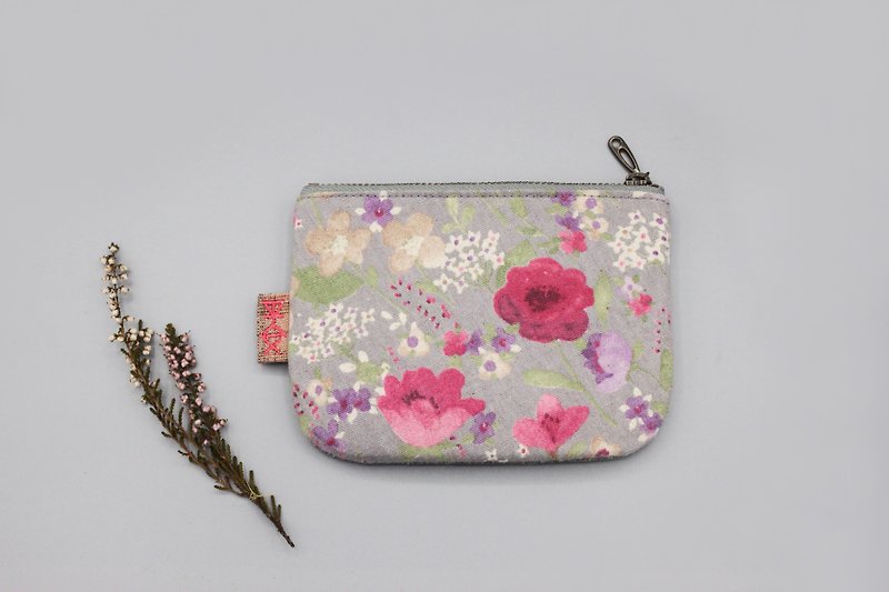 平安小樂包-灰底花園的小桃花,雙面雙色日本棉麻小錢包 - 散紙包 - 棉．麻 灰色