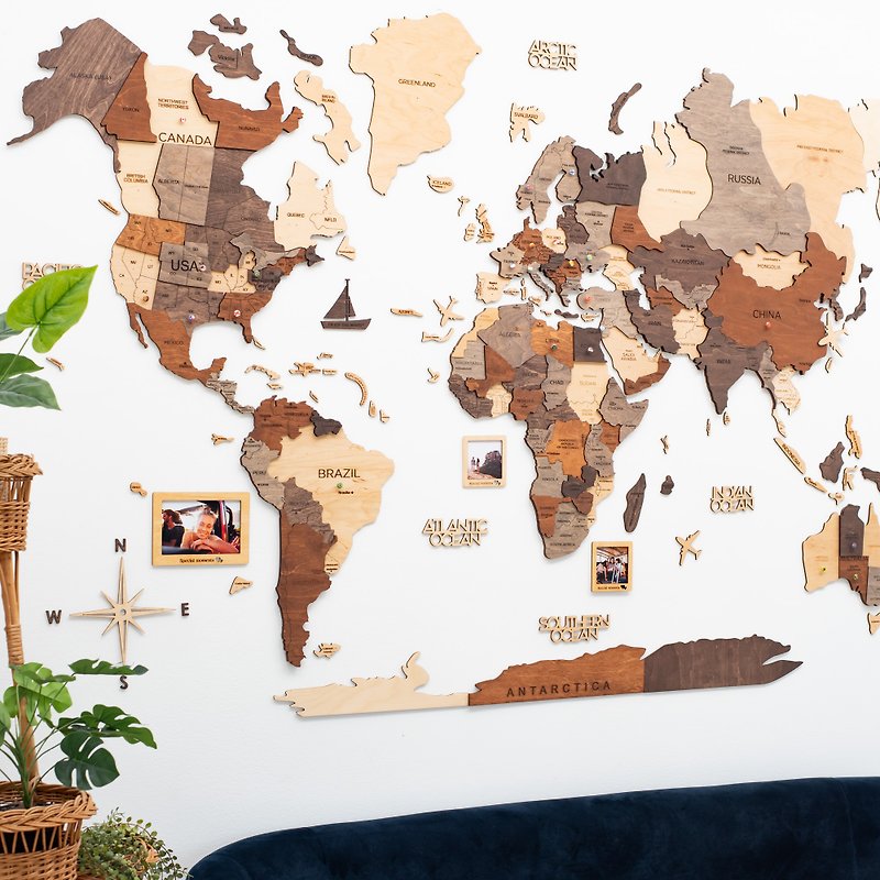 木頭 壁貼/牆壁裝飾 咖啡色 - 木質地圖 木質世界地圖壁畫 辦公室裝飾 鄉村風格客廳裝飾