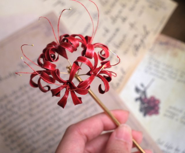 1/6ドールサイズ・彼岸花かんざし(赤) 1⁄6ドールサイズの髪飾り・桜かんざしセット(日本髪用) - ユッカ工房