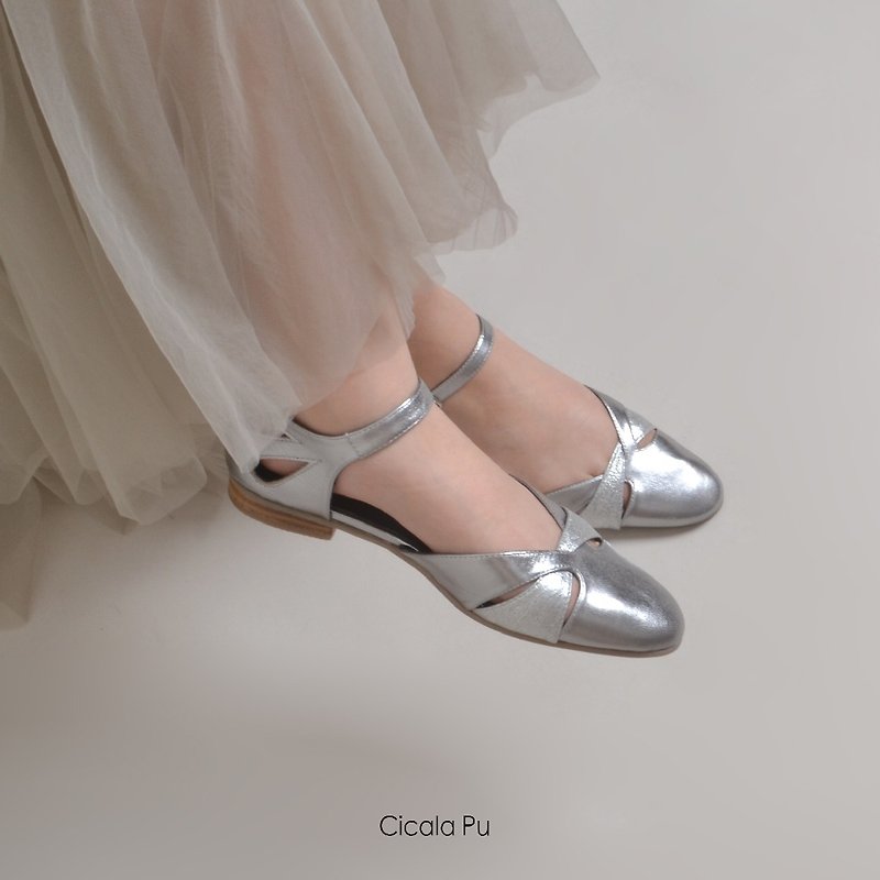 7916 Vintage Inlaid Hollow Handmade Sandals Silver - Mary Jane Shoes & Ballet Shoes - Genuine Leather Silver