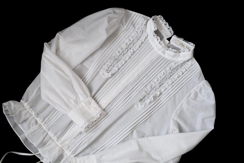 棉．麻 女襯衫 白色 - 復古襯衫 vintage 法國蕾絲 leavers lace 風琴褶 手工做