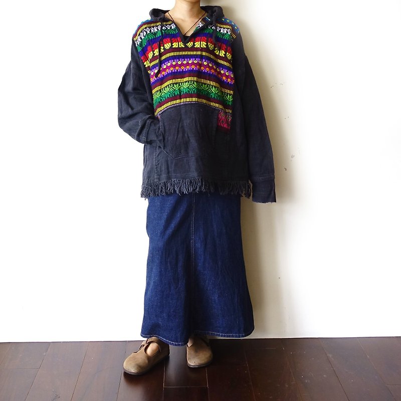 BajuTua / vintage / hand-woven Guatemalan hippie colorful embroidery hoodie - เสื้อฮู้ด - ผ้าฝ้าย/ผ้าลินิน สีดำ