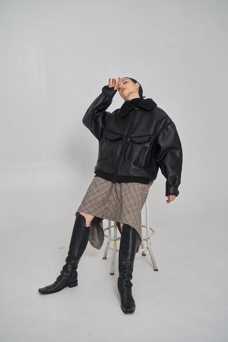 Black Lambskin Warm Leather Biker Jacket - Women's Tops - Other Materials Black