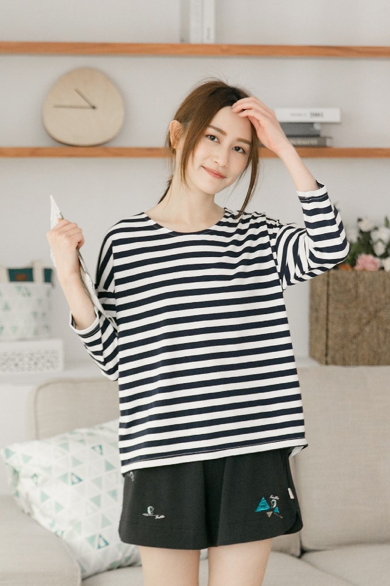 [Sold Out] Collagen Striped Eight-Sleeve Homewear (Striped Green)/Pajamas - ชุดนอน/ชุดอยู่บ้าน - ผ้าฝ้าย/ผ้าลินิน สีดำ