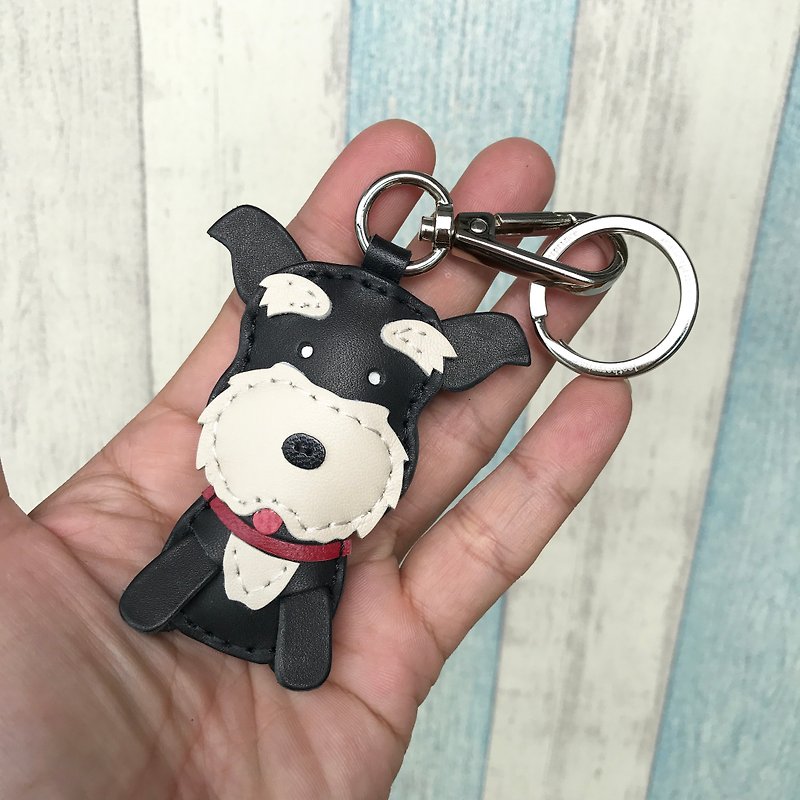 Healing small objects handmade leather black cute Schnauzer hand-stitched keychain small size - Keychains - Genuine Leather Black