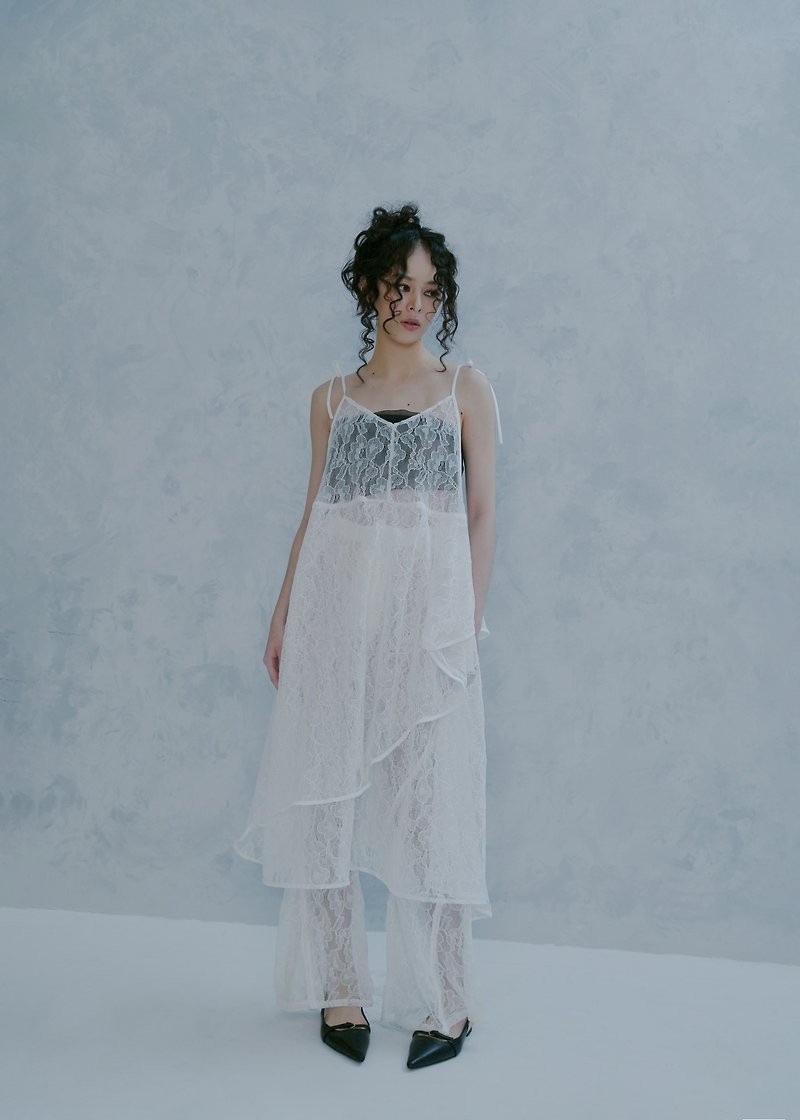 Spaghetti straps lace layered dress/white - One Piece Dresses - Polyester White