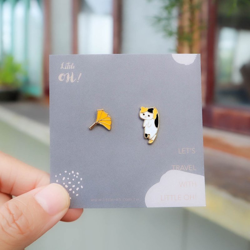 Cat, ginkgo, tulipa, autumn, leaf earrings and clip-ons - ต่างหู - ทองแดงทองเหลือง สีเหลือง