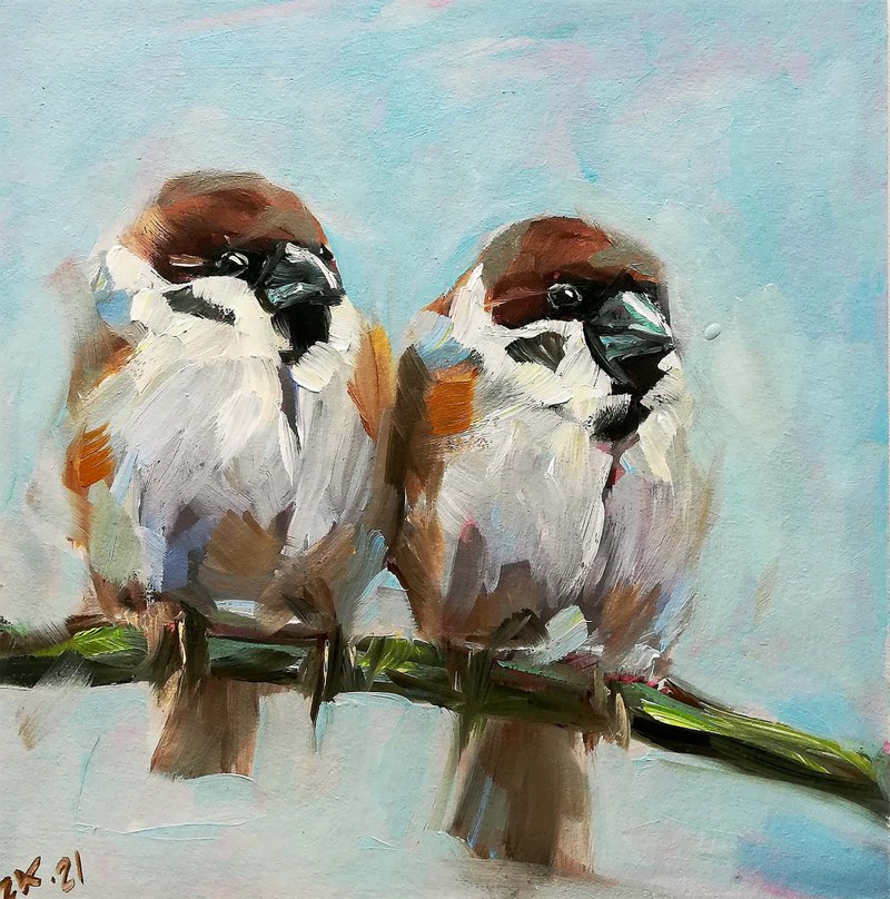 Sparrows Artwork Couple Birds Original Oil Painting Two Birds Animal Canvas Art - 海報/掛畫/掛布 - 其他材質 多色