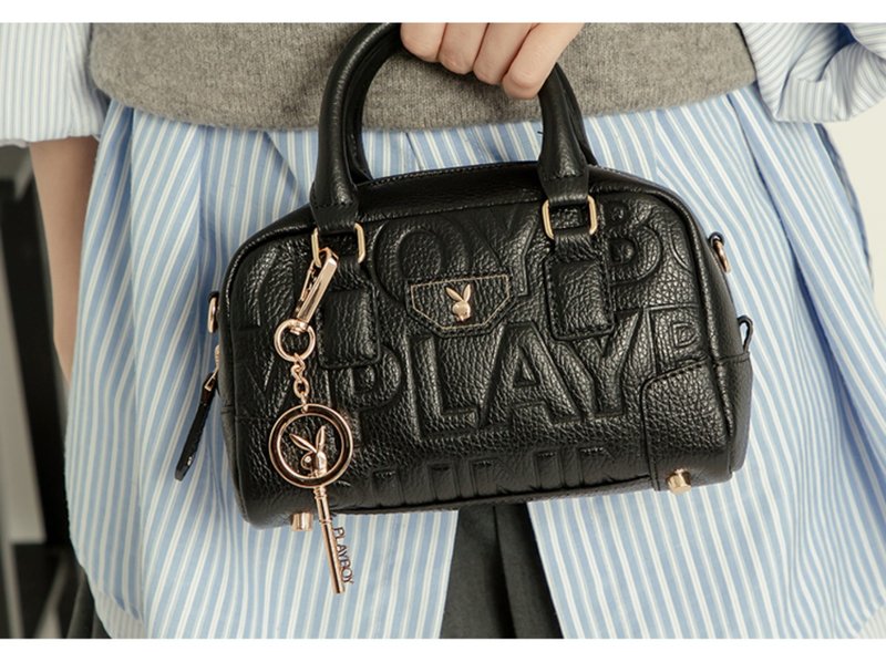 PLAYBOY - Zip Handbag with Long Strap Superb Collection - Black - กระเป๋าถือ - หนังแท้ สีดำ