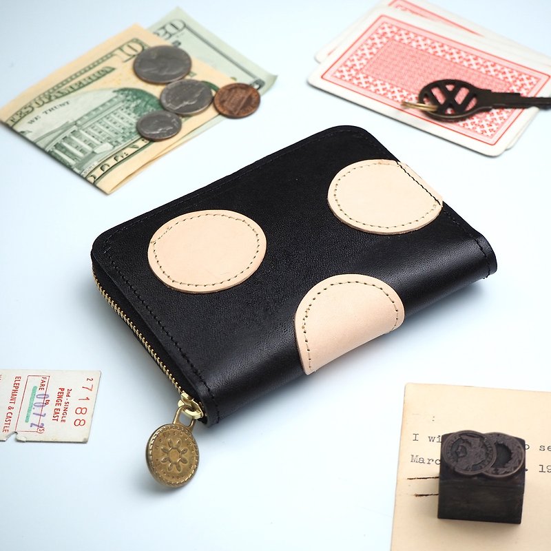 round zipper compact wallet / polka dot patchwork / black - กระเป๋าสตางค์ - หนังแท้ สีดำ