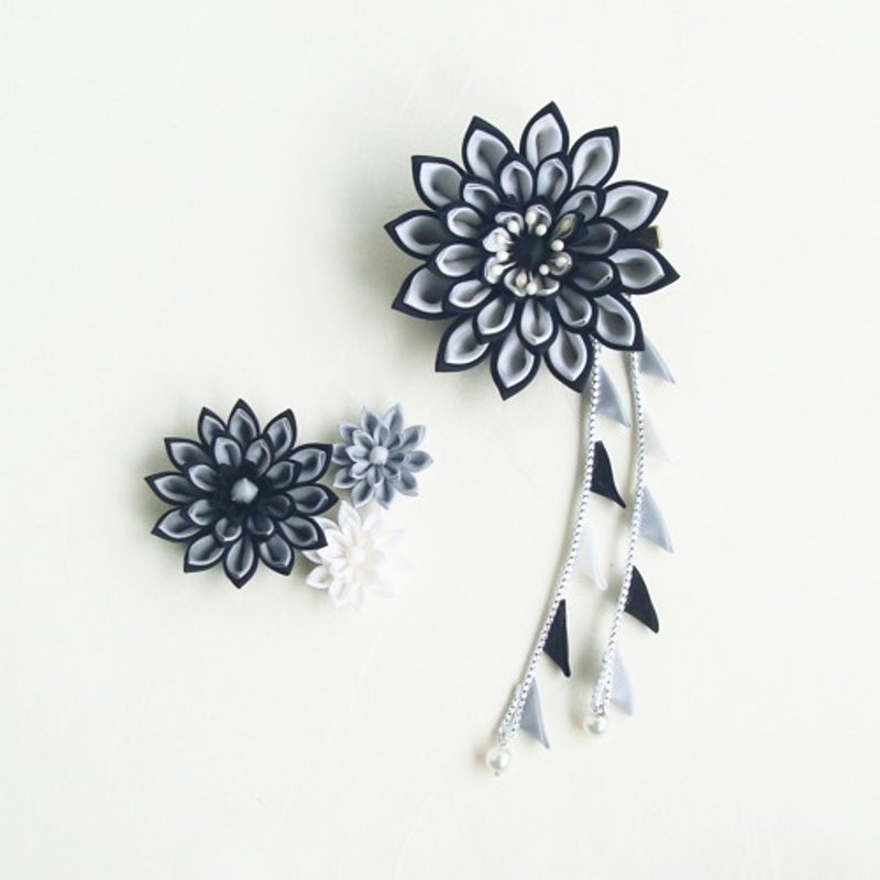 Tsumami-zaiku hair ornament set, freely arranged, black gray - เครื่องประดับผม - ผ้าฝ้าย/ผ้าลินิน สีดำ