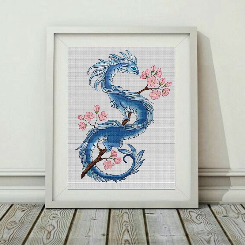 Blue dragon with sakura, wall art, gift, painting for living room, made to order - 海報/掛畫/掛布 - 棉．麻 藍色