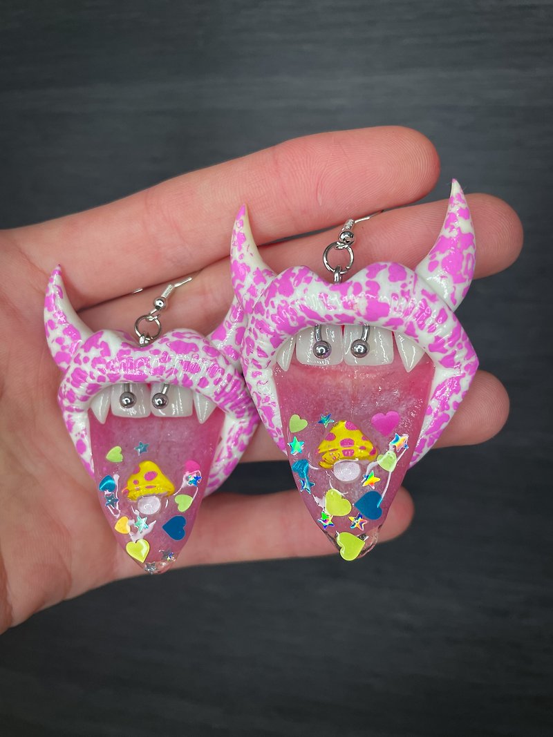 Earrings. White & pink lips with a piercing. - Earrings & Clip-ons - Clay 