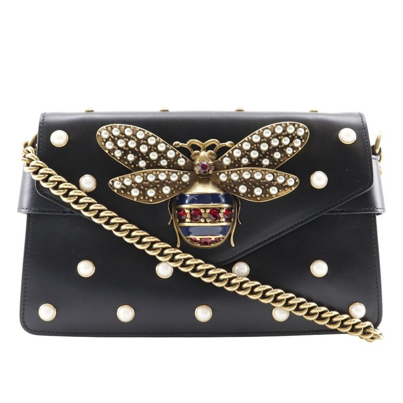 【日本直送】グッチ GUCCI ブロードウェイ ショルダーバッグ チェーンショルダー パール&ビー 453778 カーフ 黒 レディース【中古】 - 側背包/斜背包 - 真皮 黑色