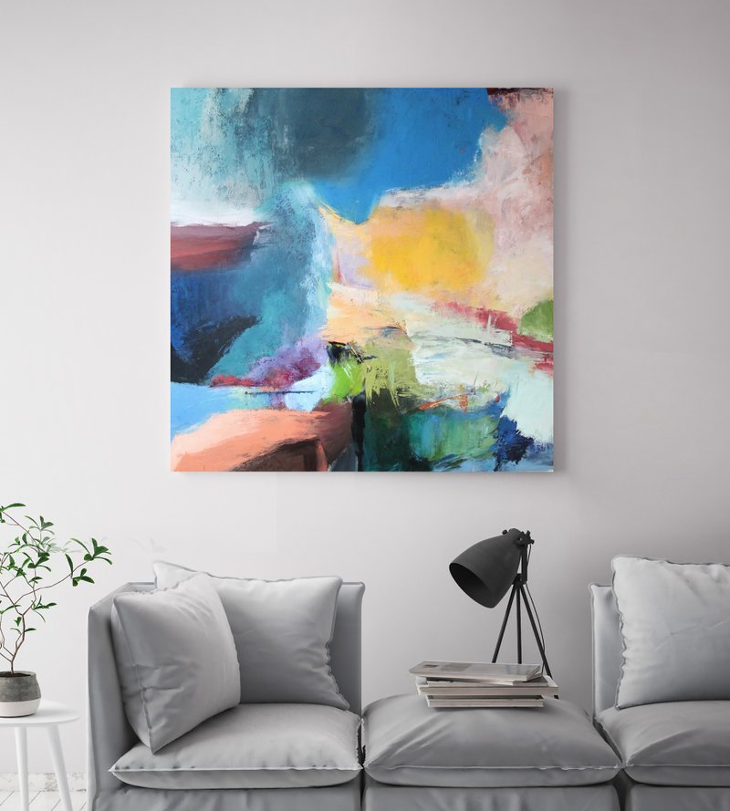 Blue yellow red abstract painting | Blue and yellow abstract canvas | Harmony 3 - 壁貼/牆壁裝飾 - 棉．麻 藍色
