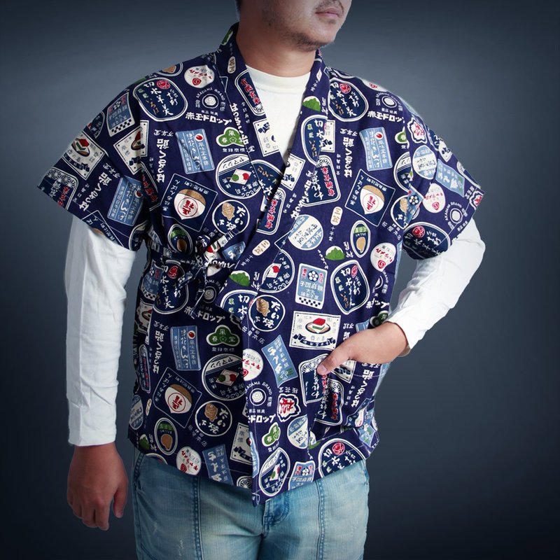 Japanese Jacket - Retro Japanese Advertising (Blue) - เสื้อโค้ทผู้ชาย - ผ้าฝ้าย/ผ้าลินิน สีน้ำเงิน