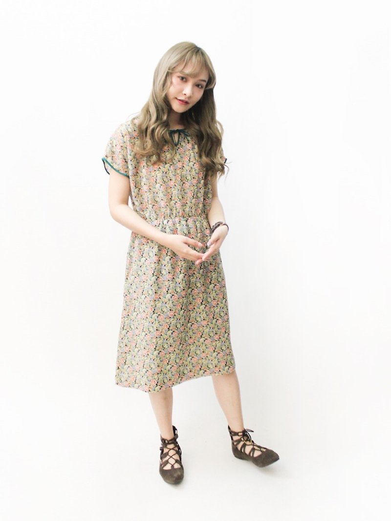 【RE1004D1425】早秋日本製復古碎花綠色滾邊短袖古著洋裝 - 連身裙 - 聚酯纖維 綠色