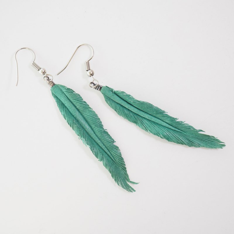 Leather Crave Earring Feather design - Lake - ต่างหู - หนังแท้ สีเขียว