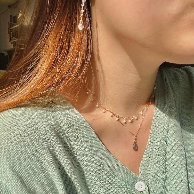 ITS-N121 [14KGF·Small Gemstone Pendant Necklace] Delicate Pearl Pendant Necklace - สร้อยคอ - ไข่มุก สีทอง