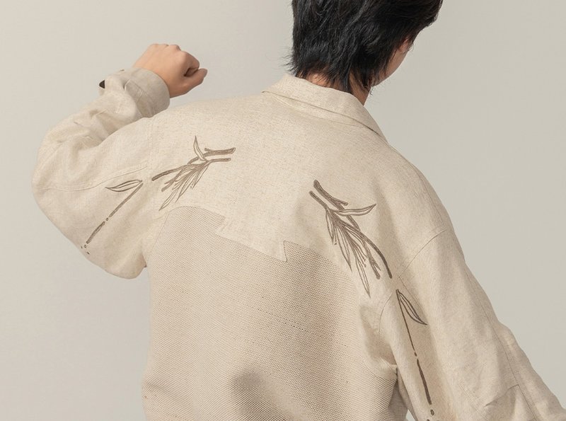 【月桂】森系文藝復古 刺繡拼接/飛行員夾克 - 男夾克/外套 - 其他材質 卡其色