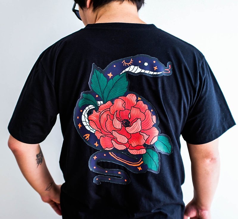 snake red flower illustration printing short-sleeved unisex cotton t-shirt - Men's T-Shirts & Tops - Cotton & Hemp Black