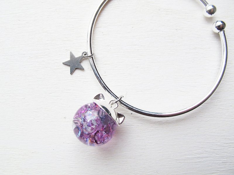 Rosy Garden 小貓咪深紫色水晶流動玻璃球星星鍍銀手鐲 手環 - 手鍊/手環 - 玻璃 紫色