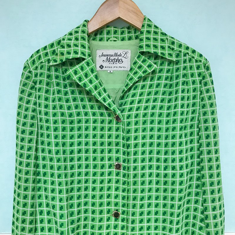 古著上衣 / 和風綠色方格長袖襯衫 - 女襯衫 - 聚酯纖維 綠色