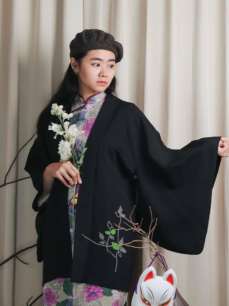 Tsubasa.Y│Vintage Japanese Haori A11 Green Leaf Black Kimono Outer Haori Jacket - เสื้อโค้ทผู้ชาย - วัสดุอื่นๆ สีดำ