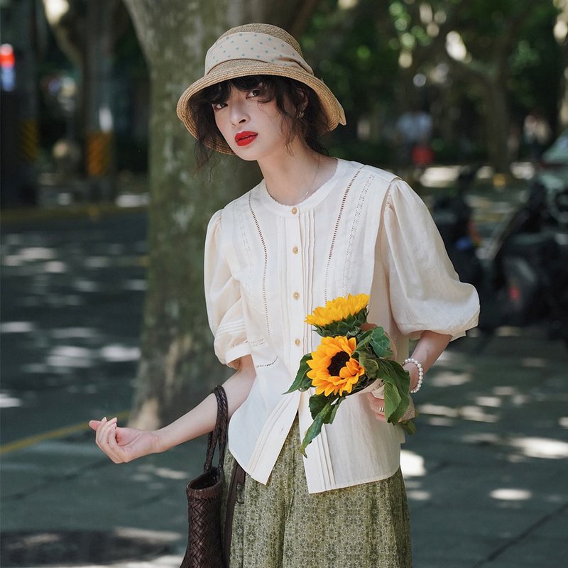 杏色公主袖蕾絲拼接襯衫|襯衫|夏款|天絲混紡|Sora-748 - 女襯衫 - 其他人造纖維 