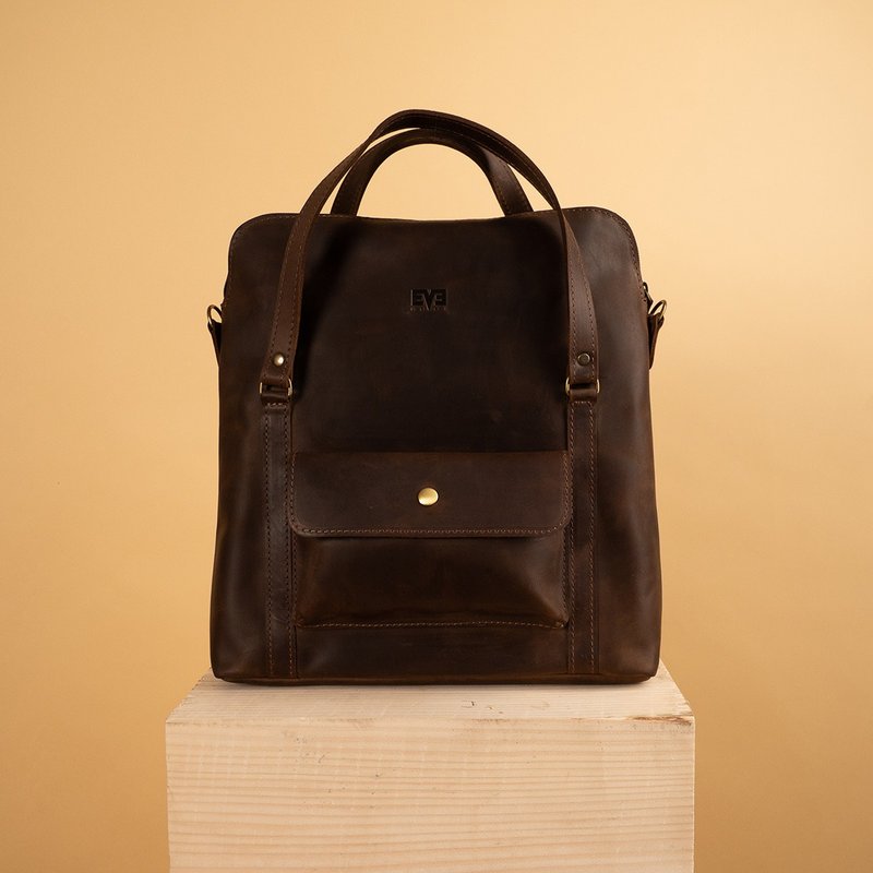 shopper bag with shoulder strap and one front pocket - Handbags & Totes - Genuine Leather Brown