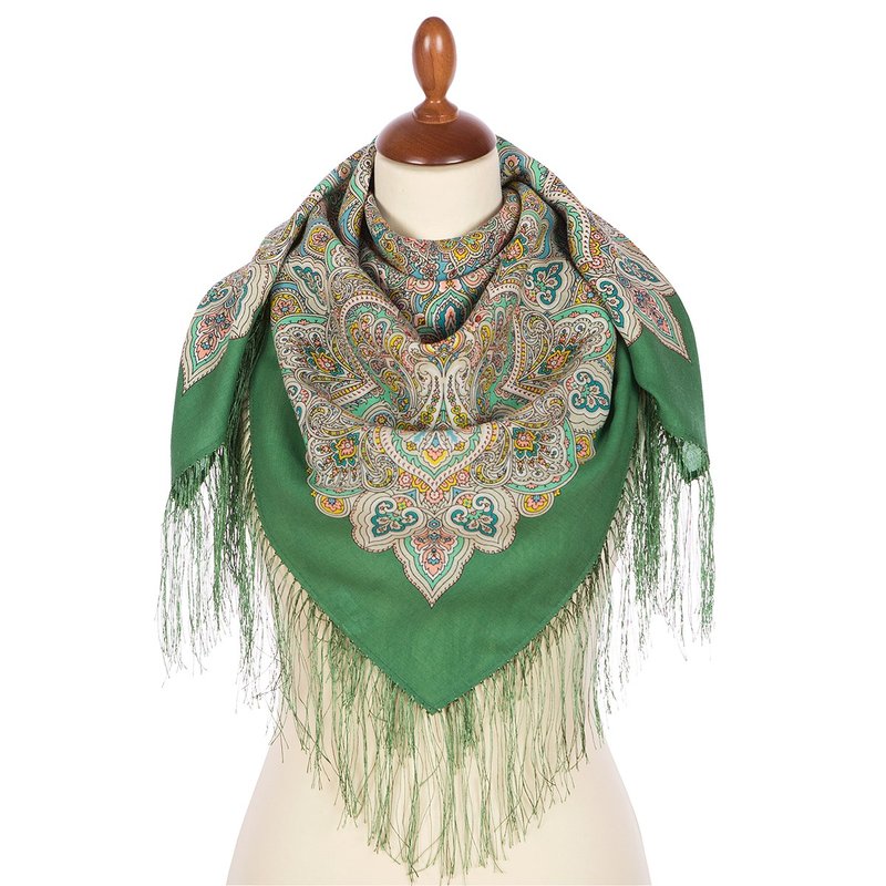 Authentic Pavlovo Posad Russian Shawl Scarf Soft 100% Wool 89x89 cm 1893-9 - ผ้าพันคอ - ขนแกะ สีเขียว