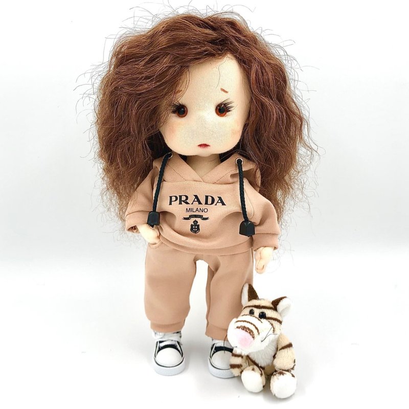Handmade doll with a tiger, Soft fabric puppe, Cloth doll, Rag doll, Stuffed toy - 寶寶/兒童玩具/玩偶 - 其他材質 卡其色