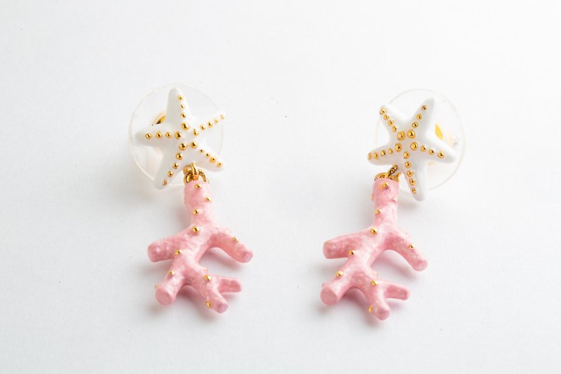 海星珊瑚耳環 - 耳環/耳夾 - 琺瑯 
