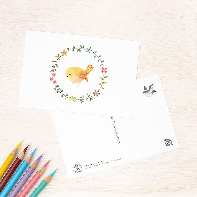 Set of 5 pieces. Like a picture book. Postcard "Yellow Bird and Flower Ring" PC-59 - Cards & Postcards - Paper Yellow