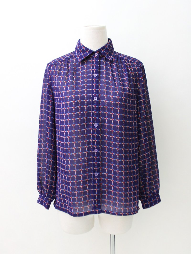 [RE0407T1899] retro blue and purple geometric print vintage plaid checkered shirt - เสื้อเชิ้ตผู้หญิง - เส้นใยสังเคราะห์ สีม่วง