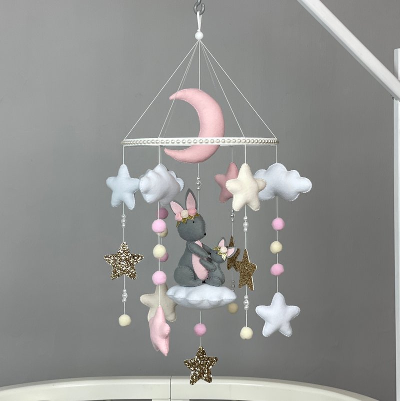 Bunny baby mobile girl Felt nursery mobile crib  New baby gift Baby shower gift - 寶寶/兒童玩具/玩偶 - 其他材質 粉紅色