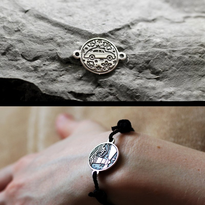 Beetle car flower jewelry bracelet. Hippie flower children jewelry. - 手鍊/手環 - 純銀 銀色