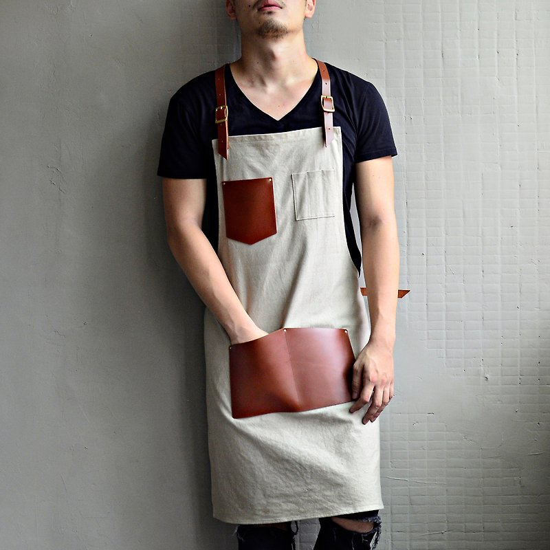 [Invisible cloak of gears] Cross strap washed canvas apron red brown leather + Khaki canvas - Aprons - Genuine Leather Khaki