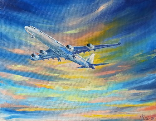 飛行機の絵画航空キャンバス油絵雲オリジナルアートスカイウォール